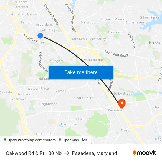 Oakwood Rd & Rt 100 Nb to Pasadena, Maryland map