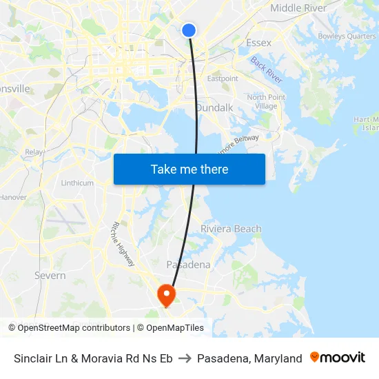 Sinclair Ln & Moravia Rd Ns Eb to Pasadena, Maryland map