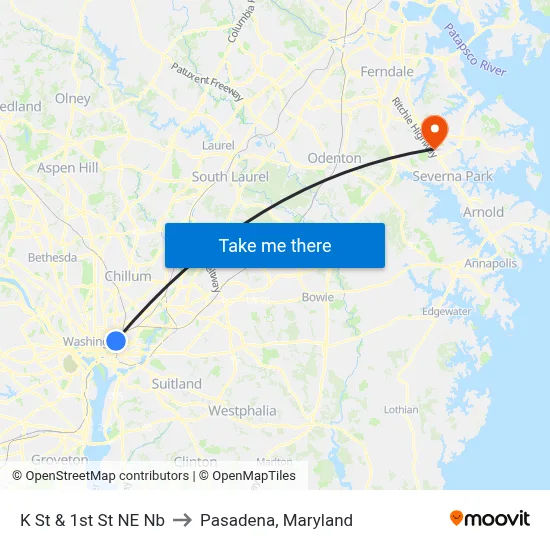 K St & 1st St NE Nb to Pasadena, Maryland map