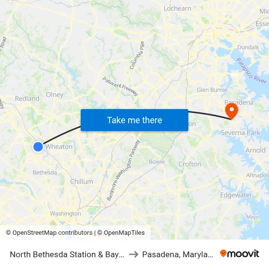 North Bethesda Station & Bay D to Pasadena, Maryland map