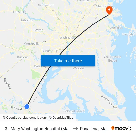 3 - Mary Washington Hospital (Main Entrance) to Pasadena, Maryland map