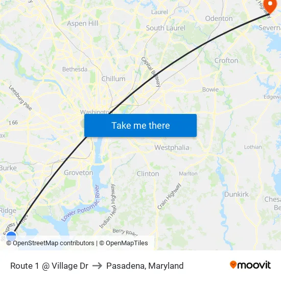 Route 1 @ Village Dr to Pasadena, Maryland map