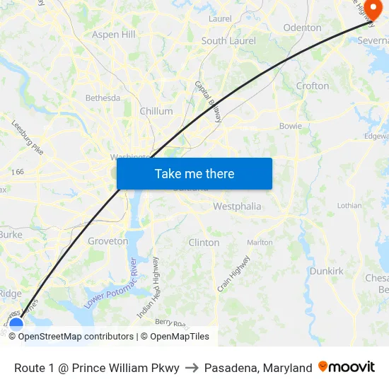Route 1 @ Prince William Pkwy to Pasadena, Maryland map