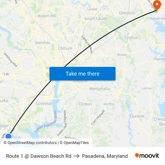 Route 1 @ Dawson Beach Rd to Pasadena, Maryland map