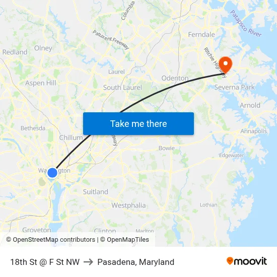 18th St @ F St NW to Pasadena, Maryland map