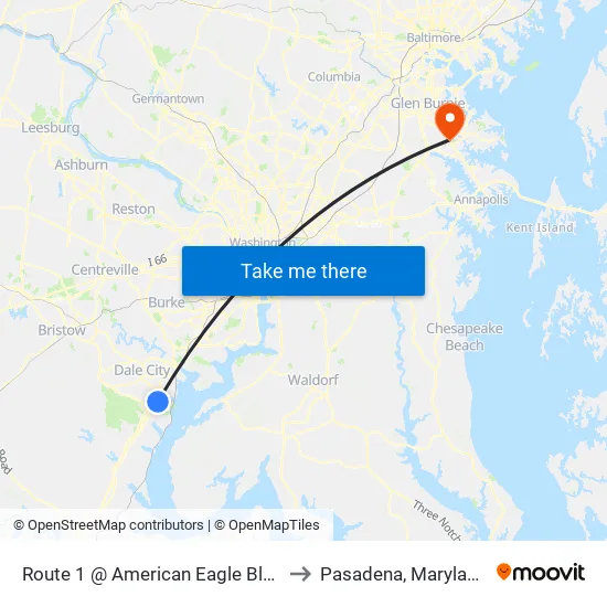 Route 1 @ American Eagle Blvd to Pasadena, Maryland map