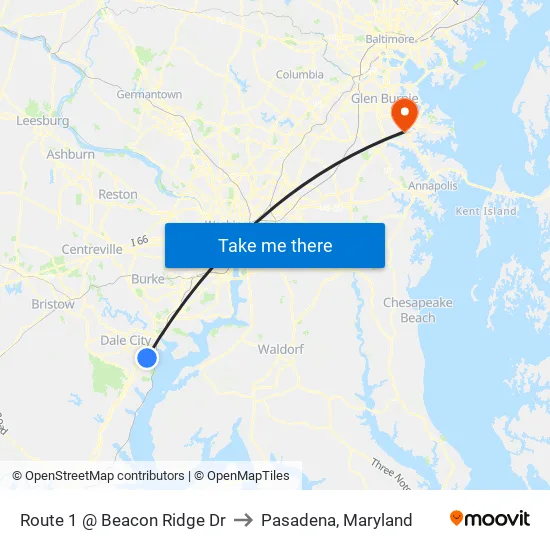 Route 1 @ Beacon Ridge Dr to Pasadena, Maryland map