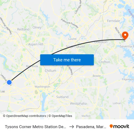 Tysons Corner Metro Station Departures to Pasadena, Maryland map