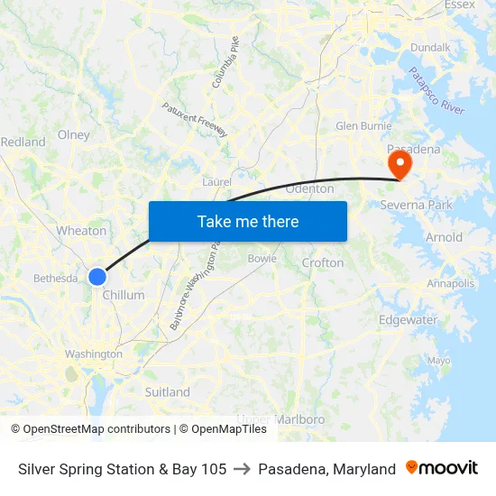Silver Spring Station & Bay 105 to Pasadena, Maryland map