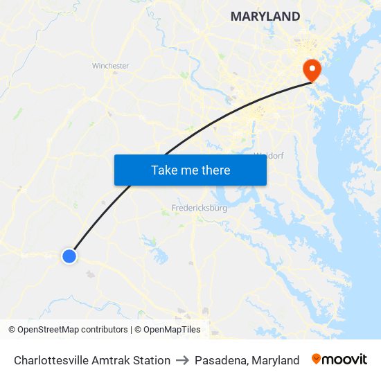 Charlottesville Amtrak Station to Pasadena, Maryland map