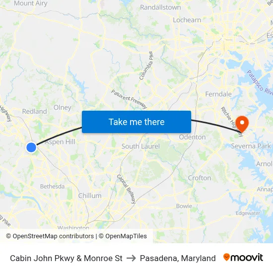 Cabin John Pkwy & Monroe St to Pasadena, Maryland map