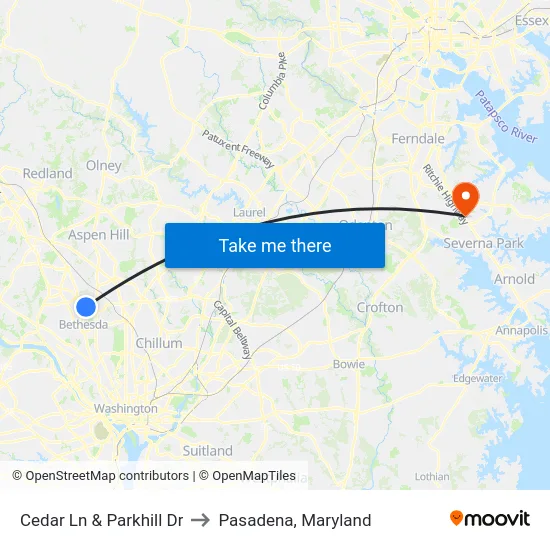 Cedar Ln & Parkhill Dr to Pasadena, Maryland map