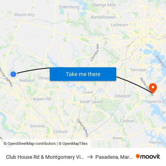 Club House Rd & Montgomery Village Ave to Pasadena, Maryland map