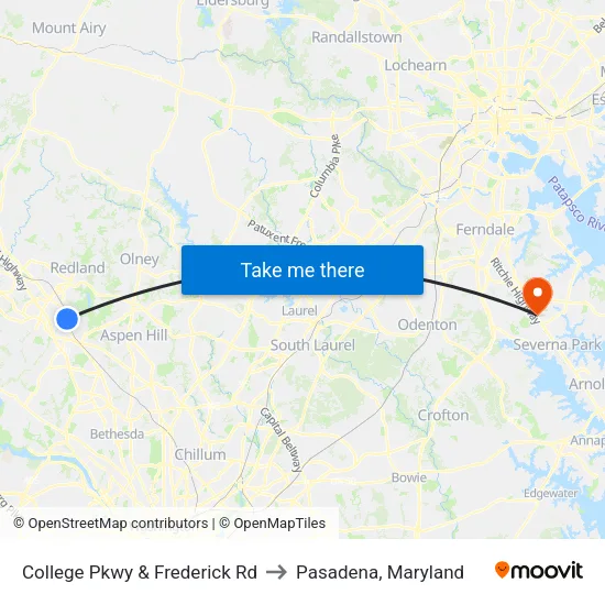 College Pkwy & Frederick Rd to Pasadena, Maryland map