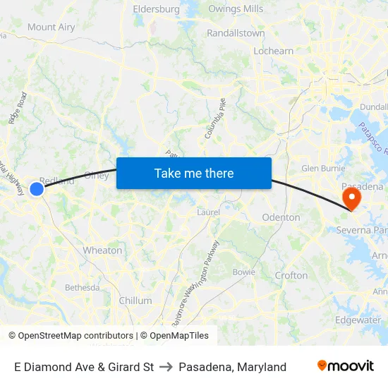 E Diamond Ave & Girard St to Pasadena, Maryland map