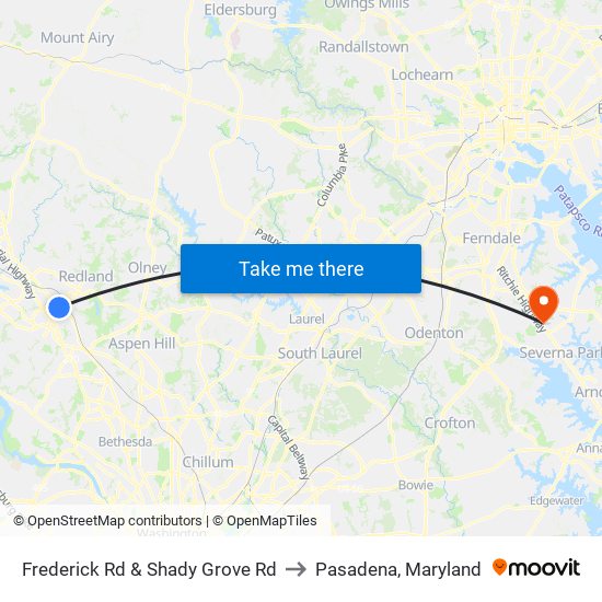 Frederick Rd & Shady Grove Rd to Pasadena, Maryland map