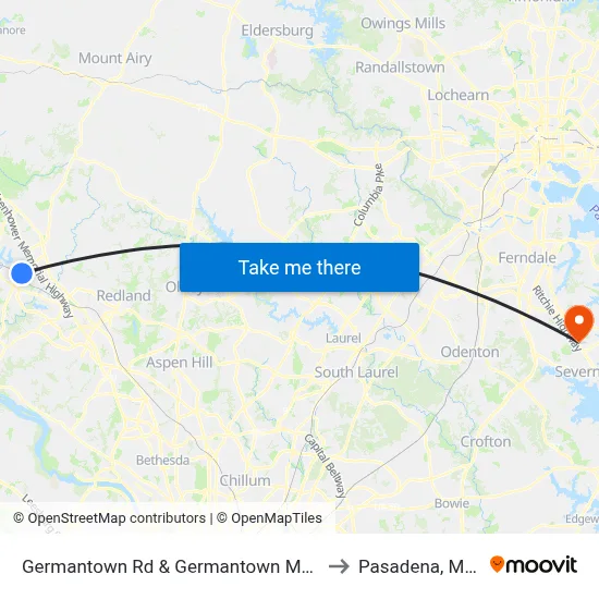 Germantown Rd & Germantown Marc Park & Ride to Pasadena, Maryland map