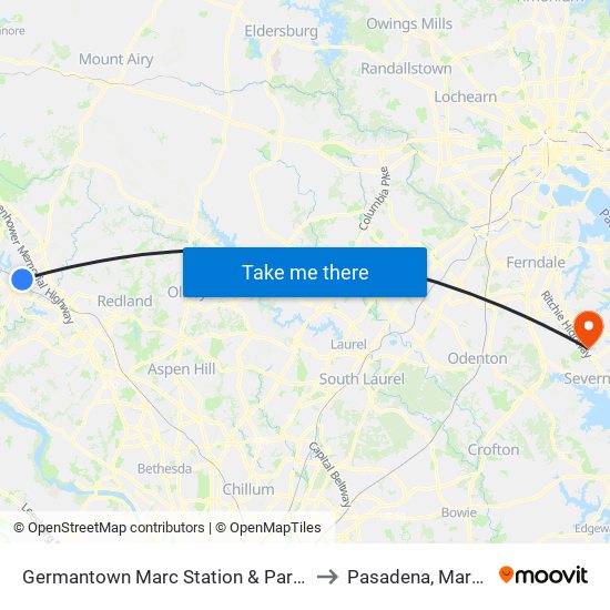 Germantown Marc Station & Parking Lot to Pasadena, Maryland map