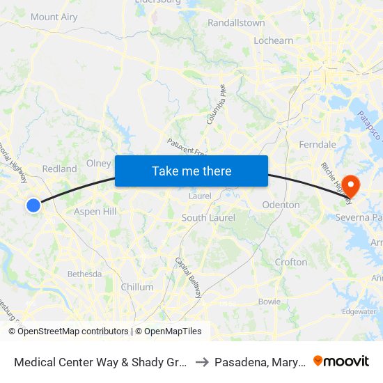 Medical Center Way & Shady Grove Rd to Pasadena, Maryland map