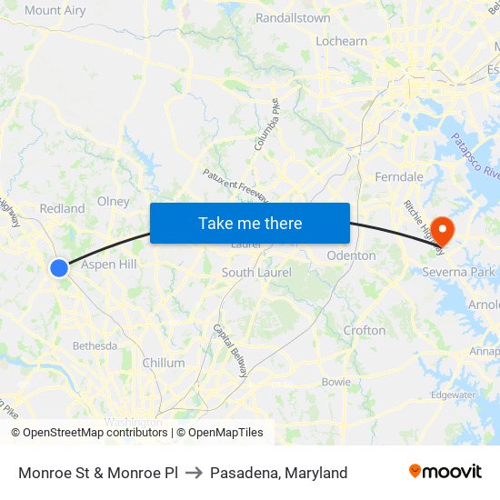 Monroe St & Monroe Pl to Pasadena, Maryland map