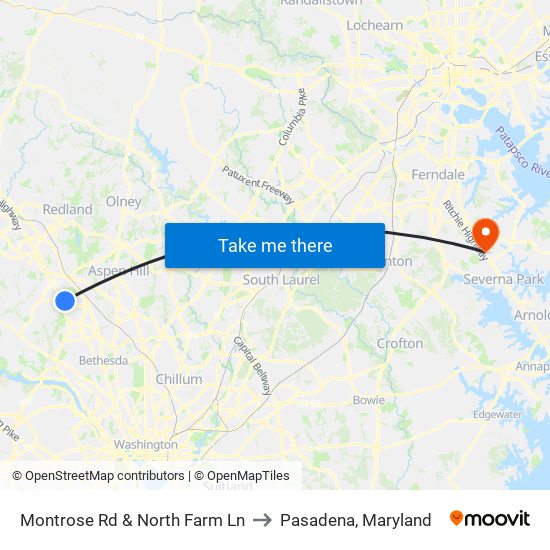 Montrose Rd & North Farm Ln to Pasadena, Maryland map