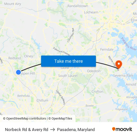 Norbeck Rd & Avery Rd to Pasadena, Maryland map