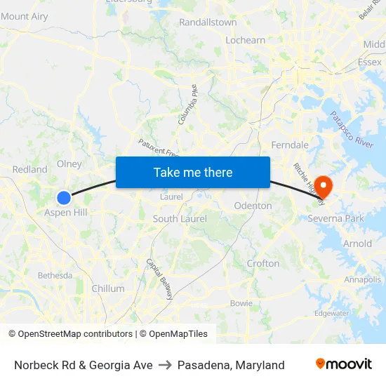 Norbeck Rd & Georgia Ave to Pasadena, Maryland map