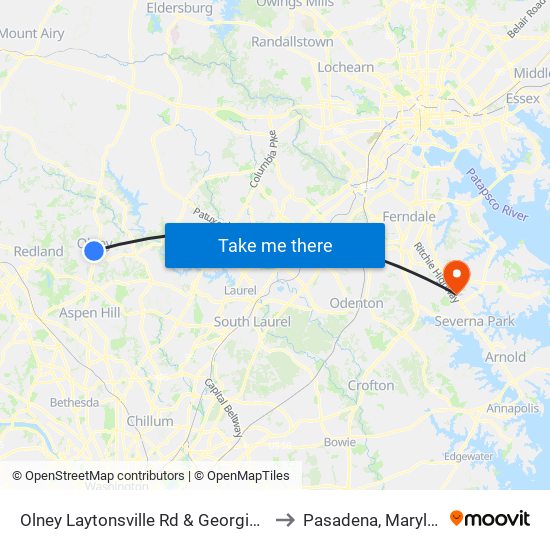 Olney Laytonsville Rd & Georgia Ave to Pasadena, Maryland map