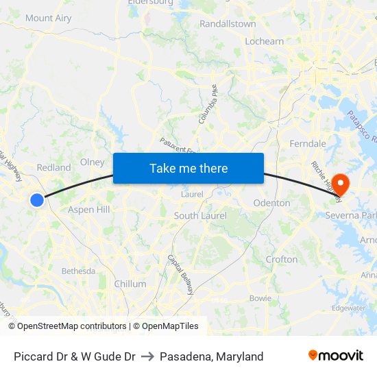 Piccard Dr & W Gude Dr to Pasadena, Maryland map
