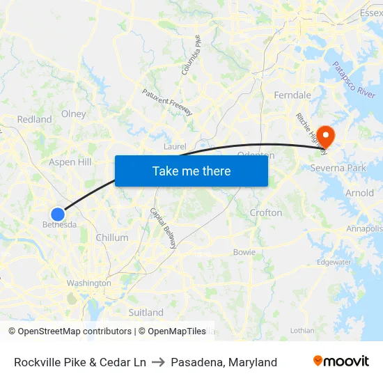 Rockville Pike & Cedar Ln to Pasadena, Maryland map