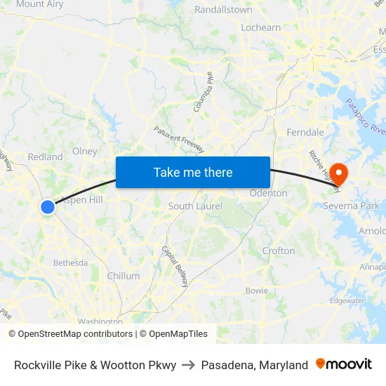 Rockville Pike & Wootton Pkwy to Pasadena, Maryland map