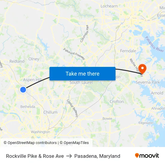 Rockville Pike & Rose Ave to Pasadena, Maryland map