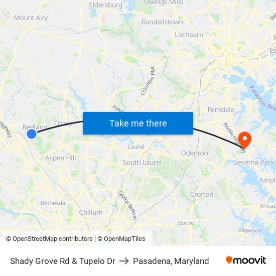 Shady Grove Rd & Tupelo Dr to Pasadena, Maryland map