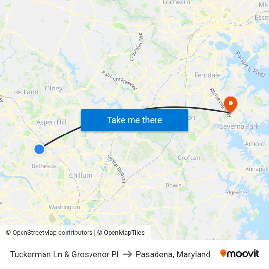 Tuckerman Ln & Grosvenor Pl to Pasadena, Maryland map