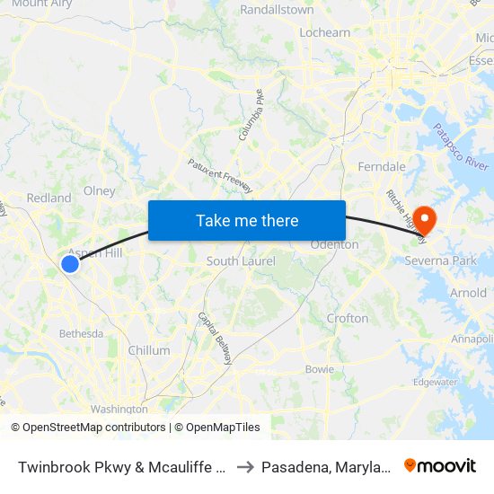 Twinbrook Pkwy & Mcauliffe Dr to Pasadena, Maryland map