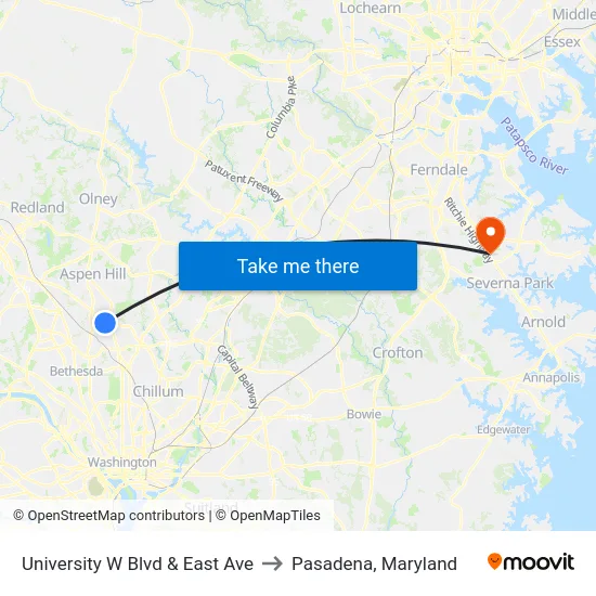 University W Blvd & East Ave to Pasadena, Maryland map