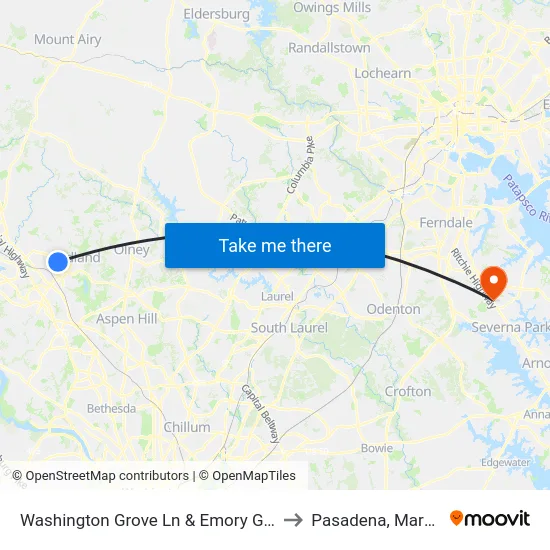 Washington Grove Ln & Emory Grove Rd to Pasadena, Maryland map