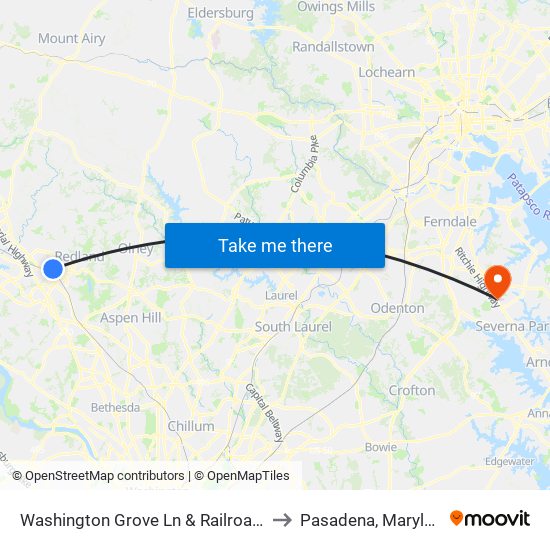 Washington Grove Ln & Railroad St to Pasadena, Maryland map