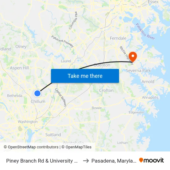Piney Branch Rd & University Blvd to Pasadena, Maryland map