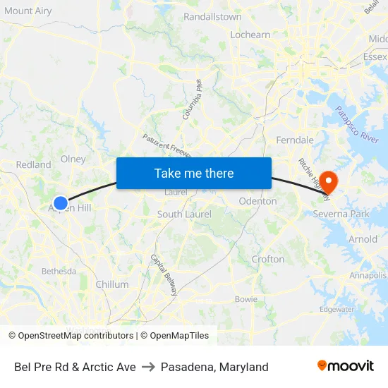 Bel Pre Rd & Arctic Ave to Pasadena, Maryland map