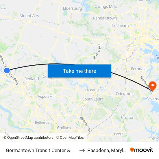 Germantown Transit Center & Bay F to Pasadena, Maryland map