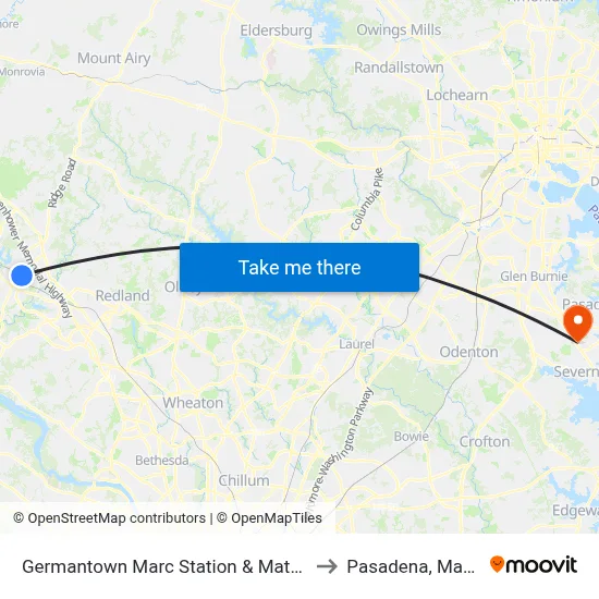 Germantown Marc Station & Mateny Hill Rd to Pasadena, Maryland map
