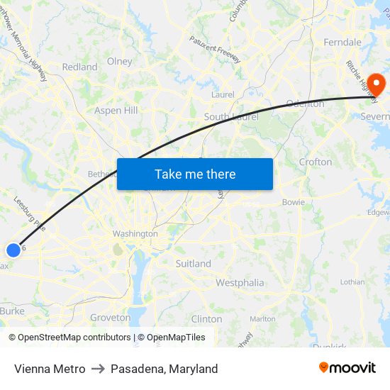 Vienna Metro to Pasadena, Maryland map