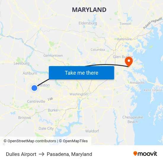 Dulles Airport to Pasadena, Maryland map