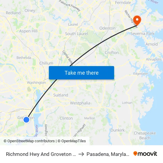 Richmond Hwy @ Groveton St to Pasadena, Maryland map