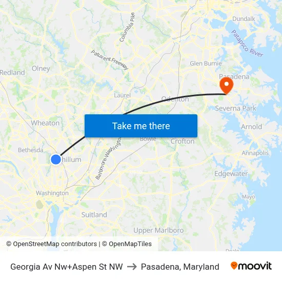 Georgia Av Nw+Aspen St NW to Pasadena, Maryland map