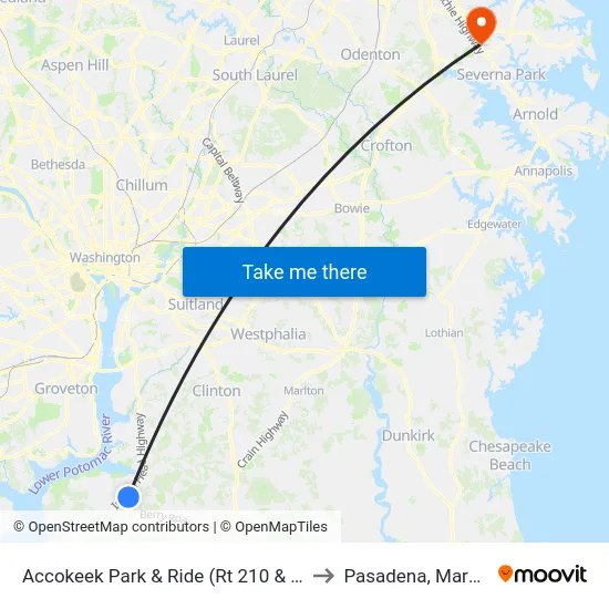 Accokeek Park & Ride (Rt 210 & Rt 373) to Pasadena, Maryland map