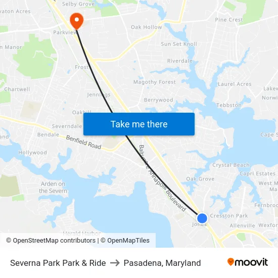 Severna Park Park & Ride to Pasadena, Maryland map