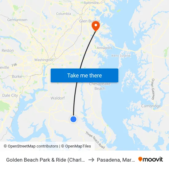Golden Beach Park & Ride (Charlotte Hall) to Pasadena, Maryland map