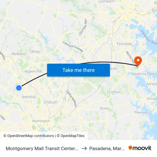 Montgomery Mall Transit Center & Bay A to Pasadena, Maryland map